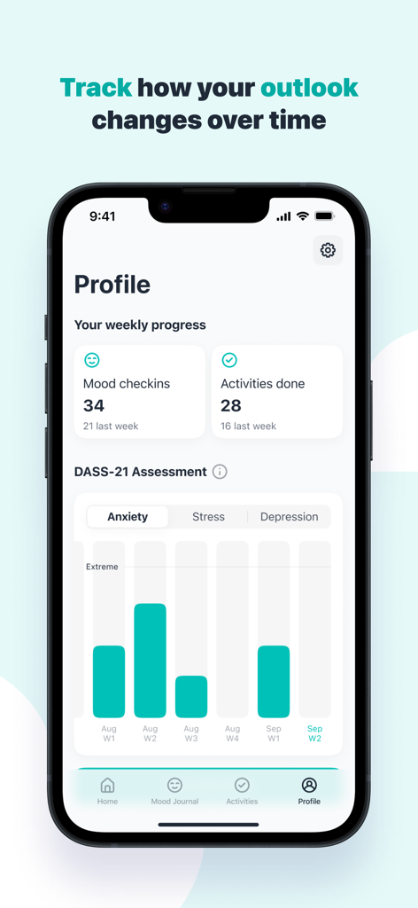 Sensa - Mental Coach - Sensa app profile screen displaying weekly progress and a DASS-21 anxiety assessment chart