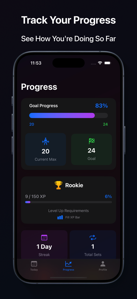 Grease the Groove Workouts - The progress tracking screen of the Grease the Groove app showing goal percentage, current max reps, and gamified XP levels.