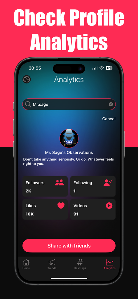 TikSaver: Tik Video Saver - Ein Bildschirm einer mobilen App, der TikTok-Profilanalysen mit Follower- und Like-Zahlen anzeigt
