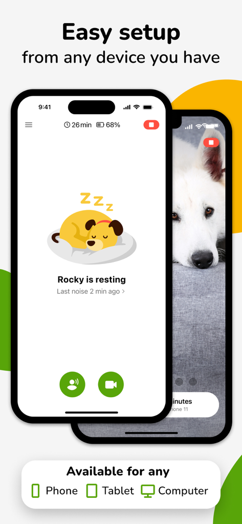 Barkio: Dog Monitor & Pet Cam - Barkio app interface showing dog monitoring setup on multiple devices including phone tablet and computer