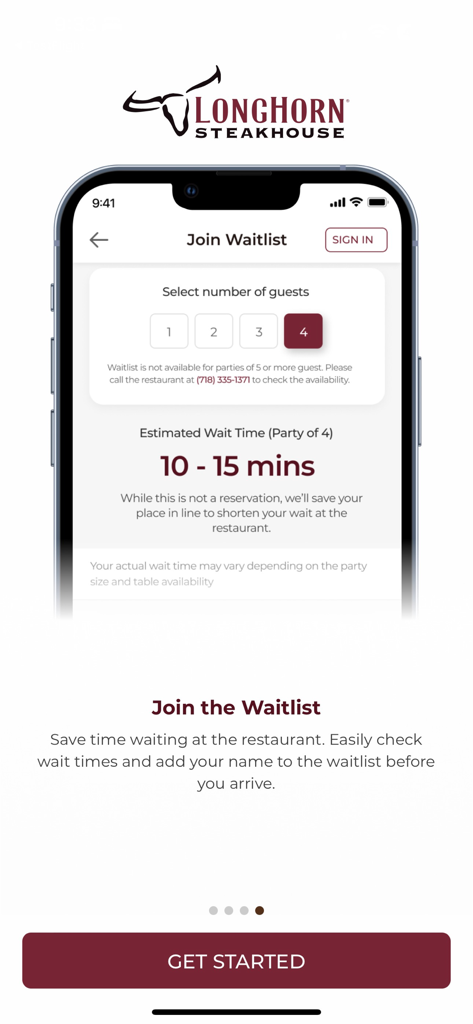 LongHorn Steakhouse® - LongHorn Steakhouse mobile app screen for joining the restaurant waitlist