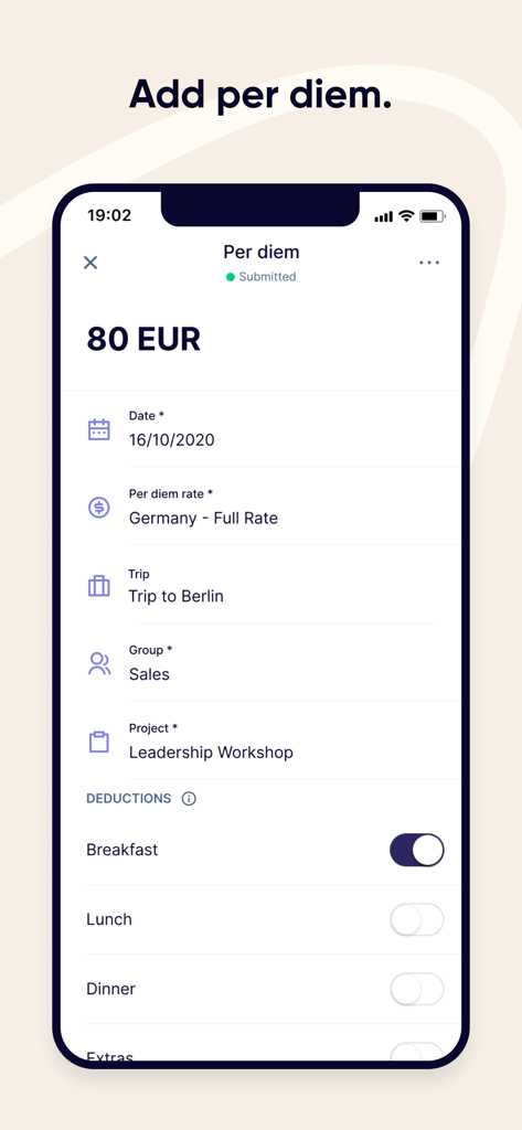 Rydoo - Rydoo-Mobile-App-Oberfläche zur Eingabe von Tagessätzen für Geschäftsreisen