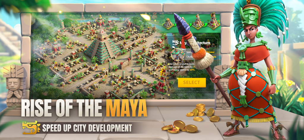 Maya civilization city layout and commander in Rise of Kingdoms strategy game