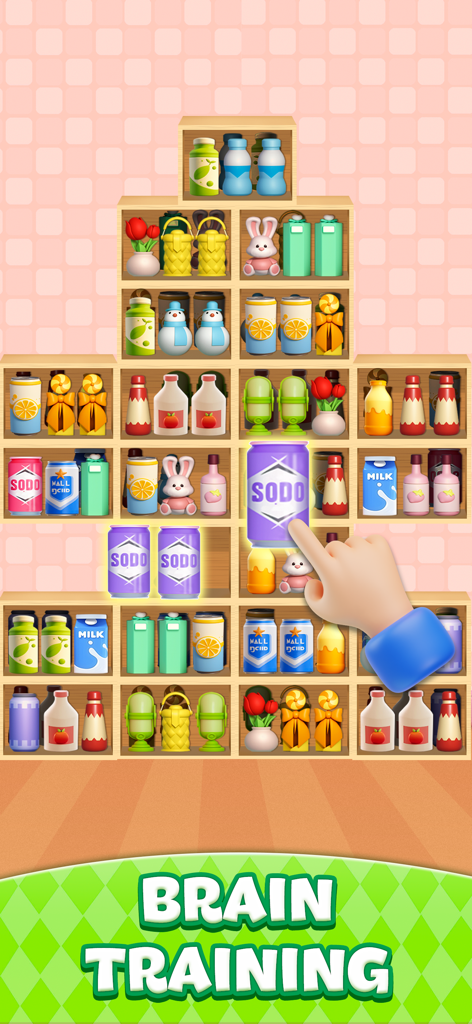 A 3D mobile game interface showing a hand sorting grocery items and toys on shelves for brain training.