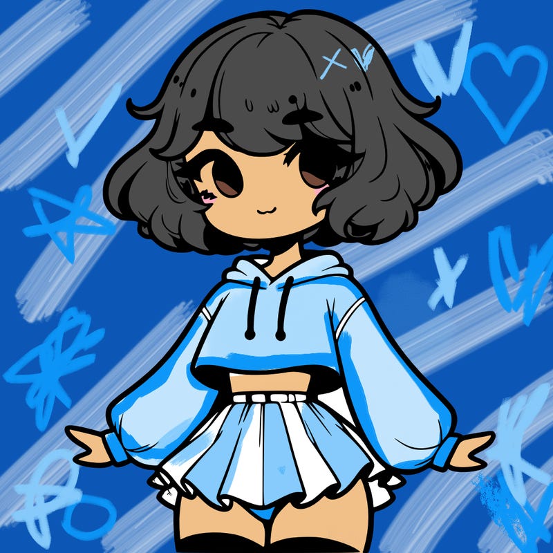 cute femboy with short, fluffy hair that softly frames their face, wearing a cropped hoodie, paired with a flouncy short skirt, and thigh-high stockings