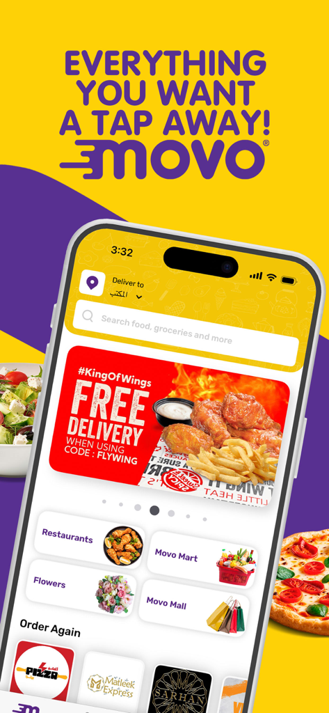 Movo - Delivery - Movo delivery app home screen showing categories for restaurants, groceries, flowers and a free delivery promotion.