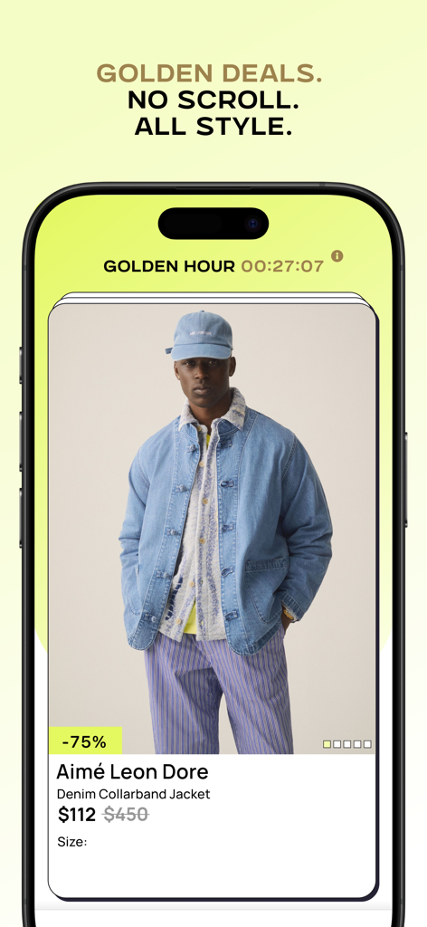 Interface de l'application GOLD montrant une réduction de 75% sur une veste en jean Aime Leon Dore pendant la Golden Hour