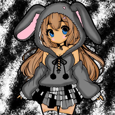 pretty anime girl wearing a fluffy hoodie with bunny ears on the hood and a skirt