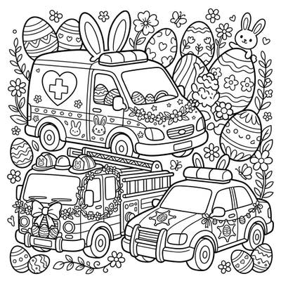 Discover a delightful fusion of everyday heroes and Easter joy with this unique coloring page. Featuring decorated ambulances, fire trucks, and police cars amidst festive eggs and blossoms, it's perfect for creative fun.