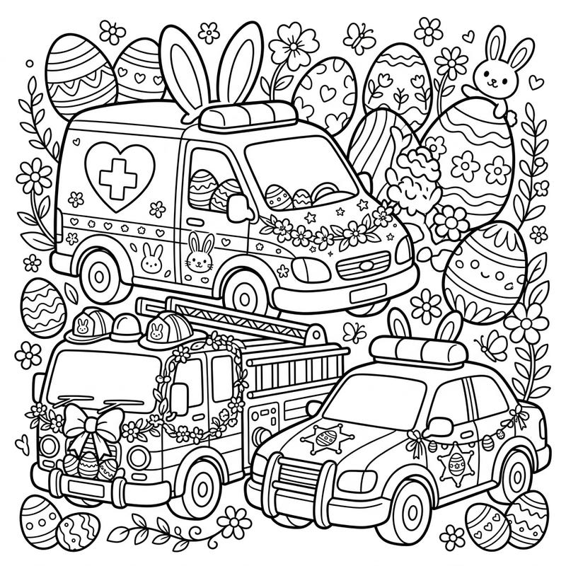 Discover a delightful fusion of everyday heroes and Easter joy with this unique coloring page. Featuring decorated ambulances, fire trucks, and police cars amidst festive eggs and blossoms, it's perfect for creative fun.