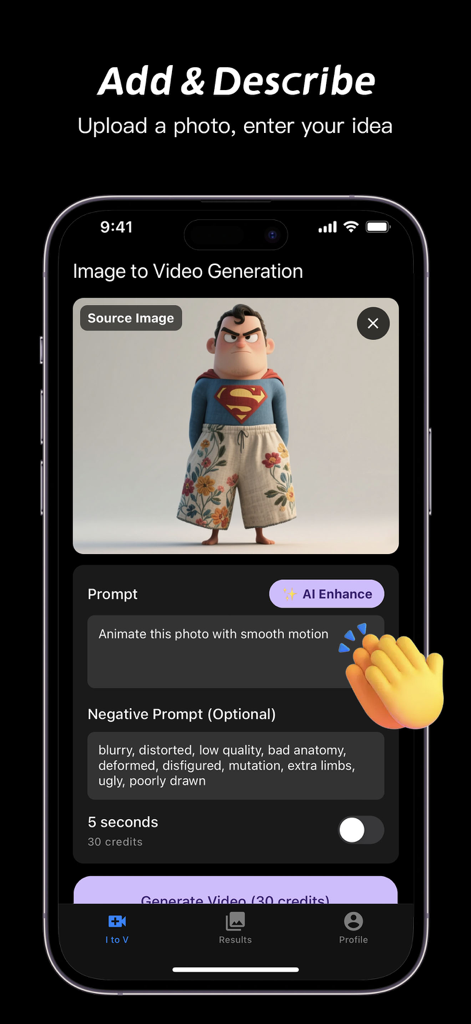 Image To Videos AI - Interfaz de la aplicación Image to Video AI que muestra el proceso de animación de una foto con una indicación