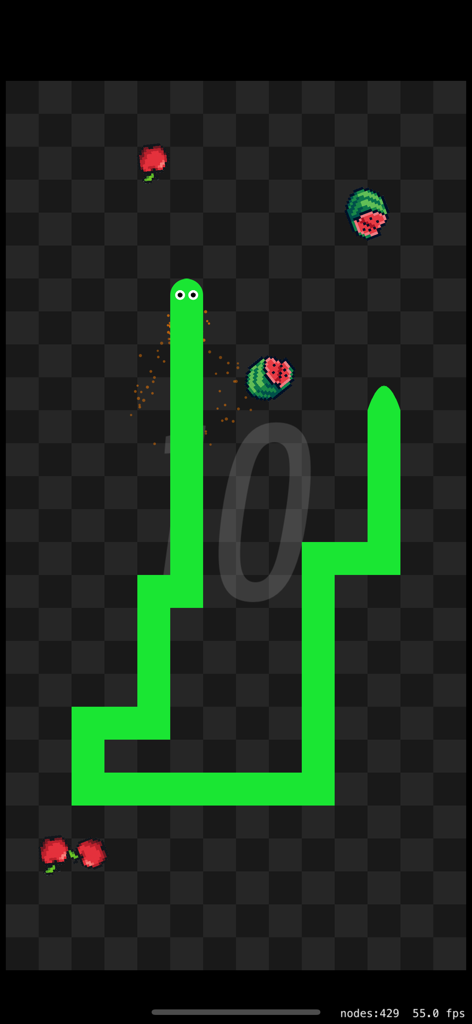 Pixel Snake: Retro Challenge - A green pixelated snake moving on a dark checkered background toward pixel art fruit in Pixel Snake Retro Challenge.