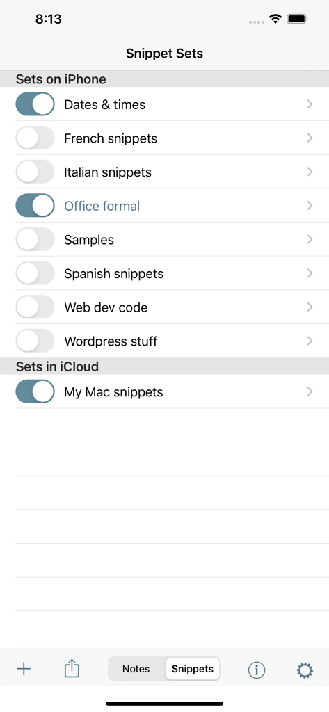 TypeIt4Me Touch - TypeIt4Me Touch snippet sets management interface showing local and iCloud synced shortcuts