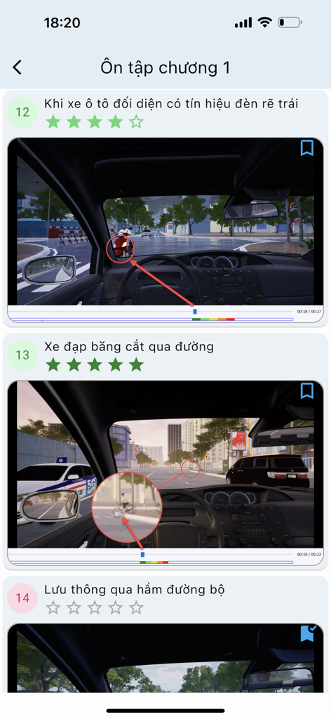 Ôn 120 mô phỏng THGT v2.0.0 - Interfaz de la aplicación que muestra una lista de escenarios de tráfico simulados para el examen de permiso de conducir vietnamita con previsualizaciones de video e indicadores de peligro.