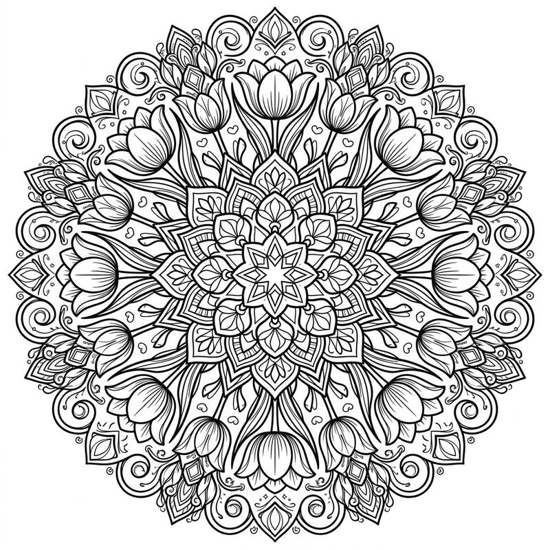 Discover the serene beauty of our Fosteriana Tulip Mandala coloring page, an intricate design celebrating nature's elegance. This symmetrical floral pattern offers a delightful and relaxing creative escape.