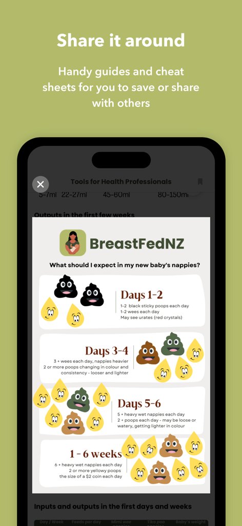 BreastFedNZ - A handy guide in the BreastFedNZ app showing what to expect in a newborn's nappies during the first few weeks