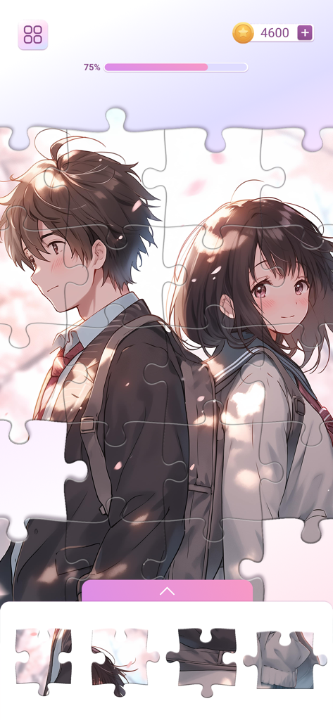 Anime Games: Jigsaw Puzzle - A partially completed anime jigsaw puzzle featuring a romantic school couple with cherry blossoms in the background