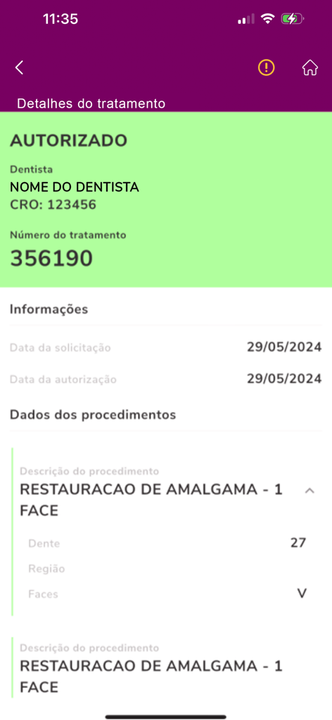 Uniodonto Beneficiário - Dental treatment authorization details in the Uniodonto Beneficiario app showing status and procedure information