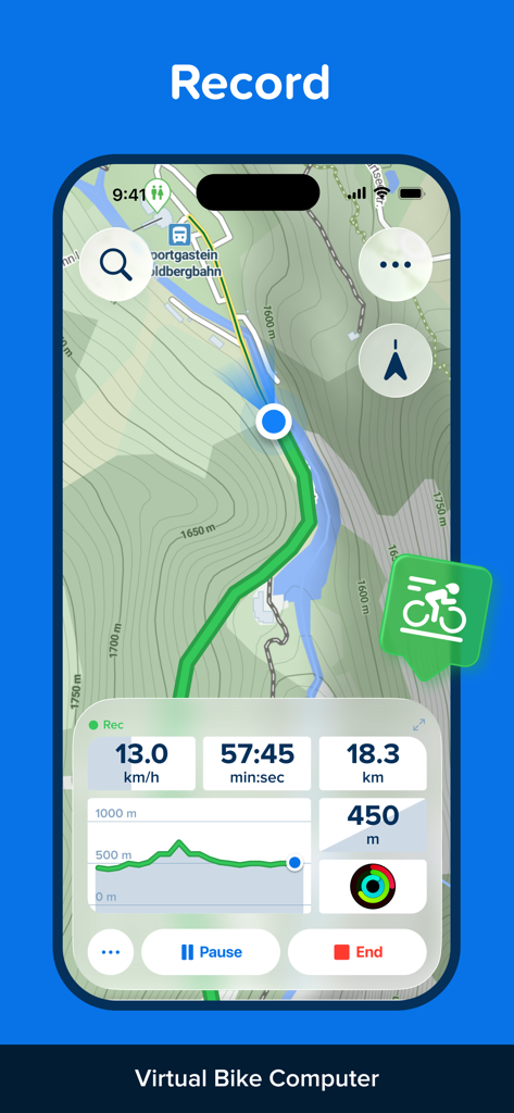 Smartphone display showing Bikemap virtual bike computer with GPS navigation and cycling performance metrics