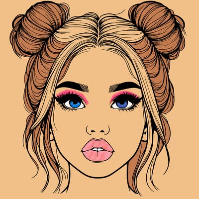 realistic girl with two buns on her hair and lips