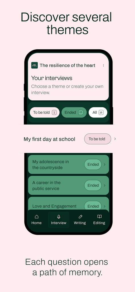 Elefantia - A mobile interface of the Elefantia app displaying a list of life story interview themes like my first day at school and adolescence in the countryside