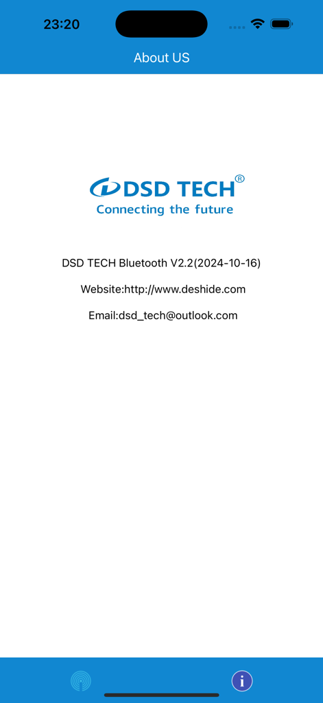DSD TECH Bluetooth - About Us screen of the DSD TECH Bluetooth app showing version details and contact information