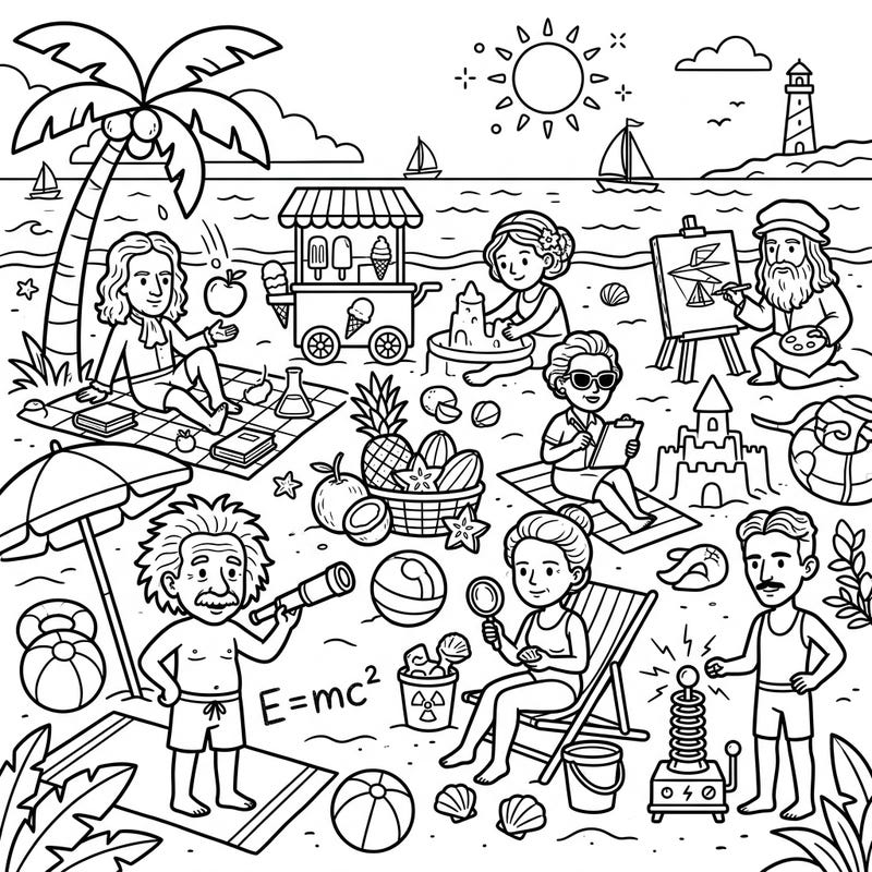 Dive into a unique coloring adventure where brilliant scientific minds enjoy a well-deserved summer vacation! This charming page features famous pioneers like Einstein and Newton relaxing on a sunny beach, ready for your creative touch.