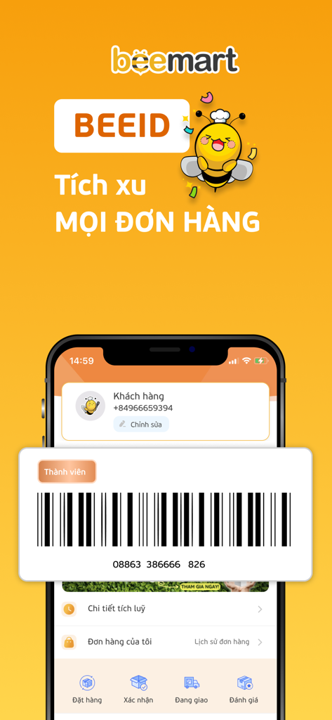 Beemart app BeeID loyalty program interface showing a membership barcode and reward points feature