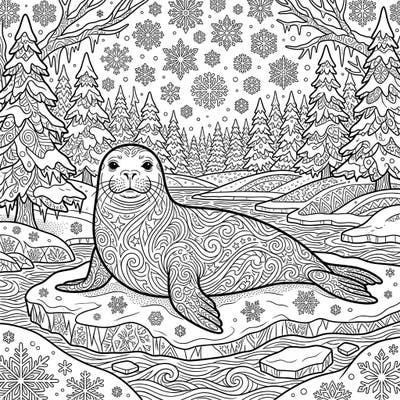 Embark on a tranquil coloring journey with this stunning monk seal design set in a detailed winter wonderland. This intricate adult coloring page features elaborate patterns and a serene snowy landscape, perfect for mindful relaxation.