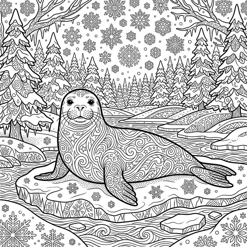 Embark on a tranquil coloring journey with this stunning monk seal design set in a detailed winter wonderland. This intricate adult coloring page features elaborate patterns and a serene snowy landscape, perfect for mindful relaxation.