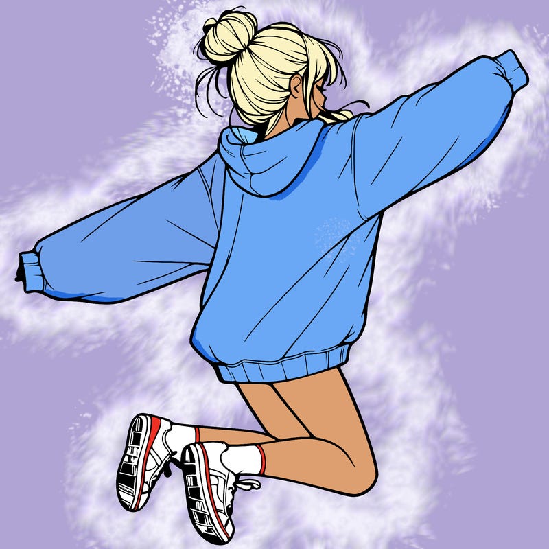 realistic girl jumping with a bun and oversized sweatshirt