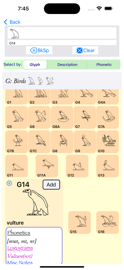 UniversalHieroglyphTranslator - Interfaz de la aplicación Universal Hieroglyph Translator mostrando una selección de jeroglíficos de aves y códigos de Gardiner.
