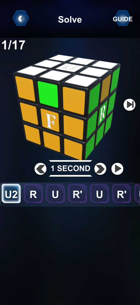 Cube Solver: Scan, Learn, Play - Interface showing a 3D Rubik's cube with step-by-step solve instructions and notation moves.