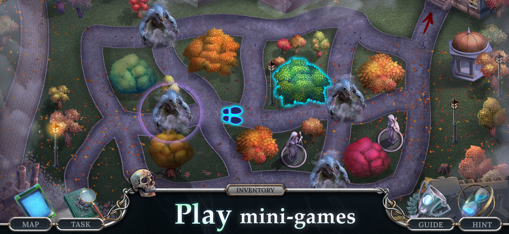 Detectives United 7: Adventure - A detective mystery mini-game showing werewolf creatures on a winding park path