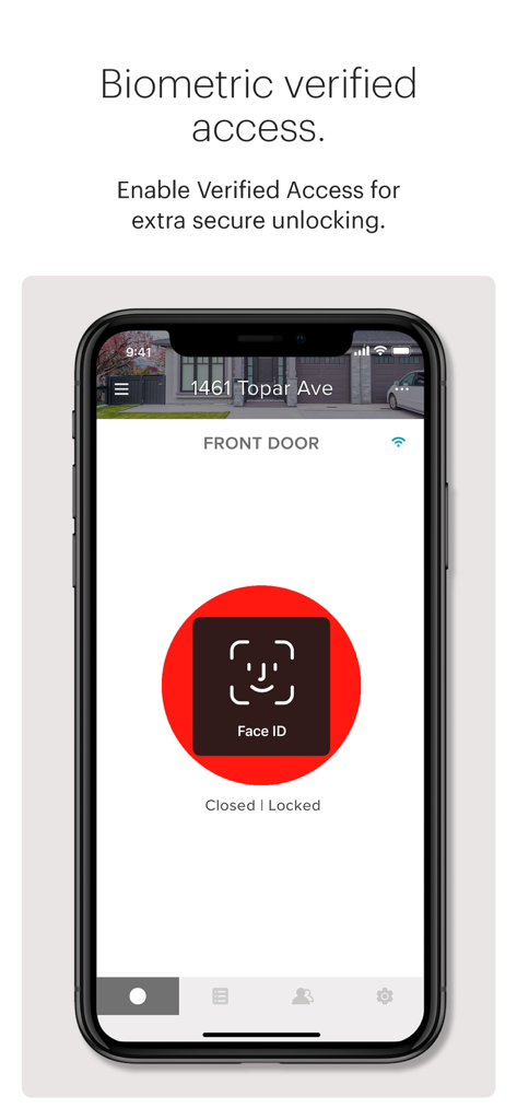 Interfaz de la aplicación August Home mostrando la verificación biométrica Face ID para un acceso seguro a la cerradura inteligente