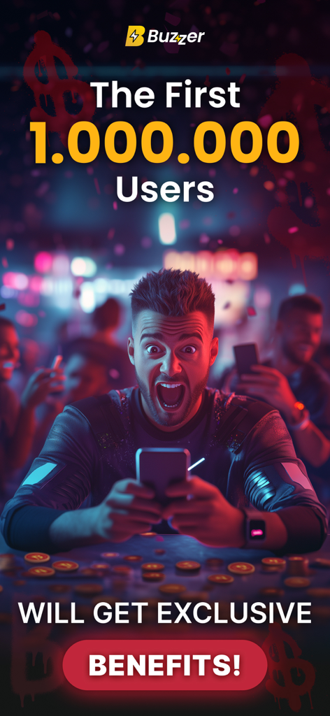 Promotional screen for Buzzer Sports Community offering exclusive benefits to the first one million users