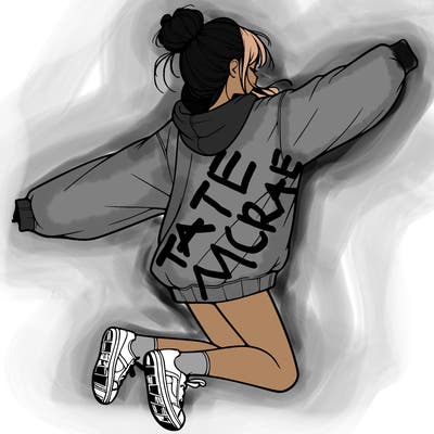 realistic girl jumping with a bun and oversized sweatshirt