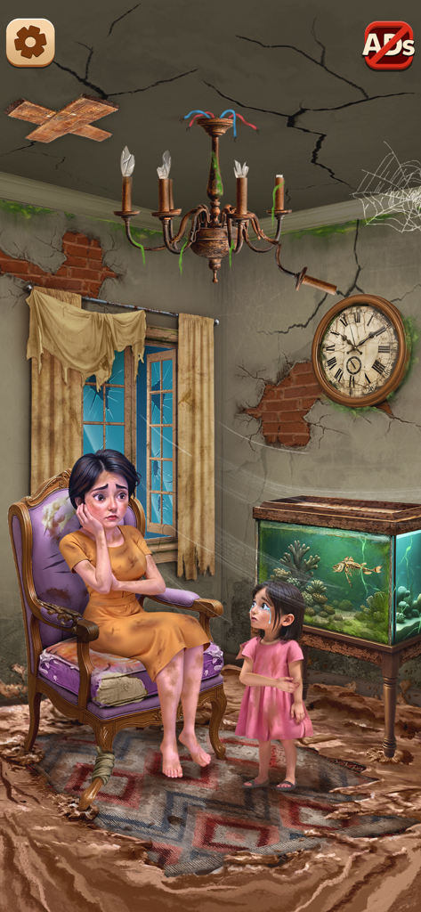 A sad mother and daughter standing in a dirty, dilapidated room with cracked walls and broken furniture