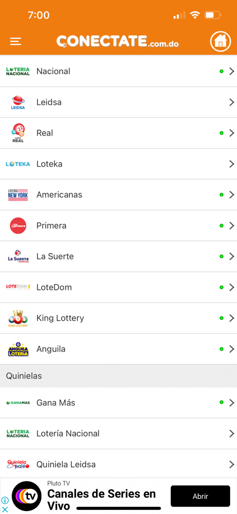 Tela do aplicativo Conectate Loterias mostrando uma lista de resultados de loteria disponíveis, incluindo Nacional Leidsa e Loteka