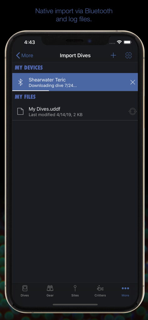 MacDive app interface showing dive data import from a Shearwater Teric device via Bluetooth