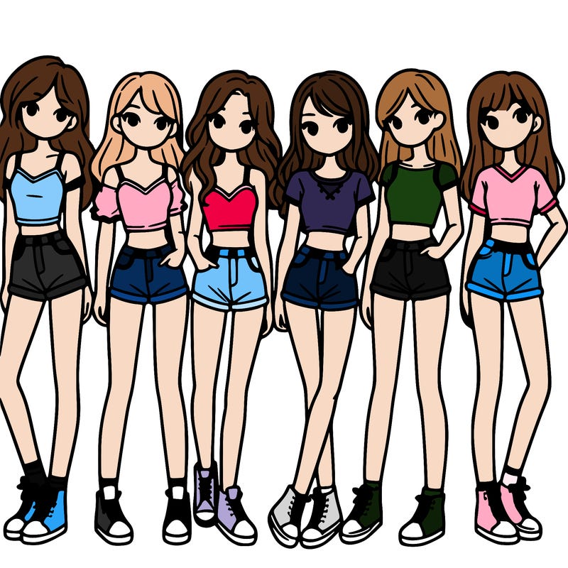 a group of girls wearing crop tops and shorts