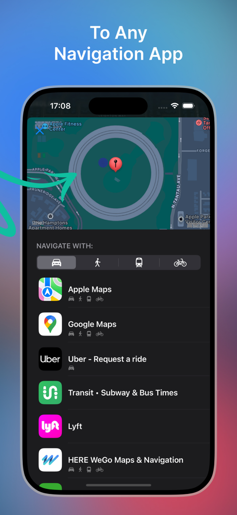 Navify App-Oberfläche auf dem iPhone mit einem Kartenstandort-Pin und einer Liste integrierter Navigations-Apps für Transportoptionen