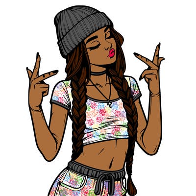 realistic teenage girl with braids and a beanie and crop top doing 🫶🏼