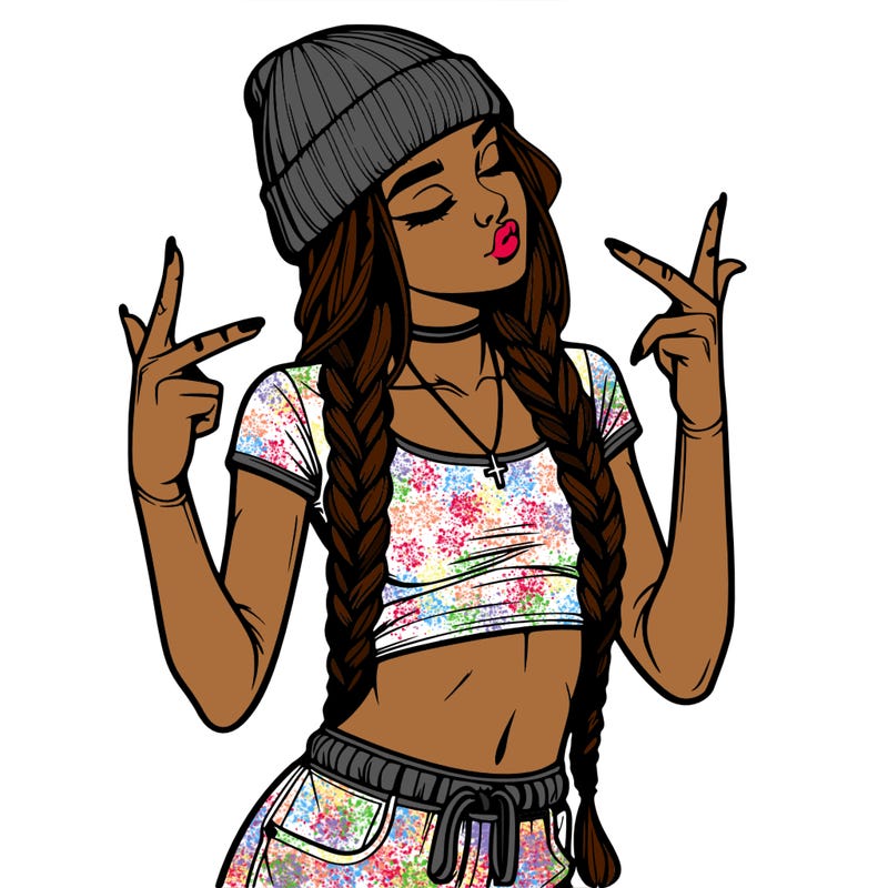 realistic teenage girl with braids and a beanie and crop top doing 🫶🏼