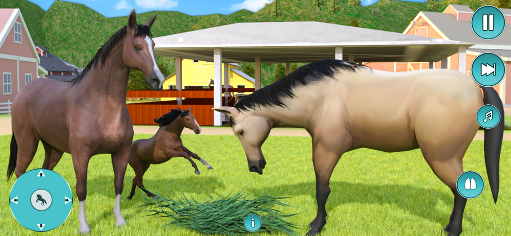 Captura de pantalla del juego que muestra caballos y un potrillo en una granja en un simulador 3D.