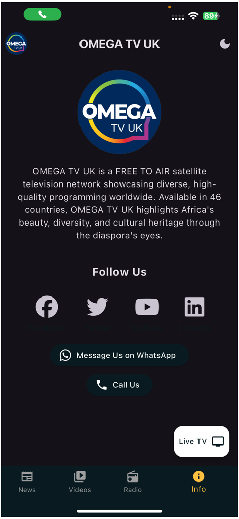 OMEGA TV UK - Omega TV UK app information screen with description and social media contact links