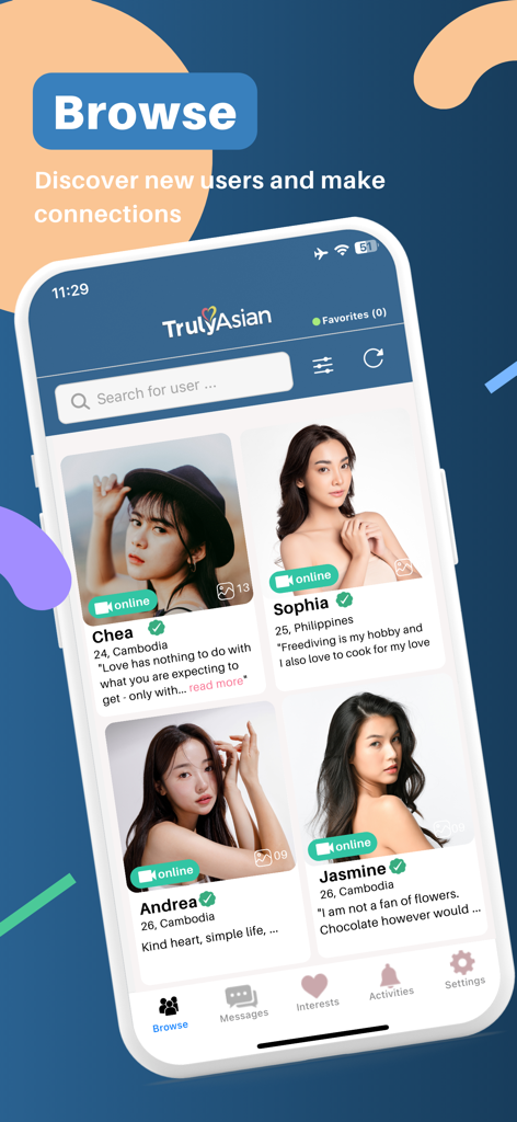 TrulyAsian - Asian Dating - TrulyAsianデーティングアプリのプロフィール閲覧画面、カンボジアとフィリピンの確認済みアジア人女性のプロフィールを表示