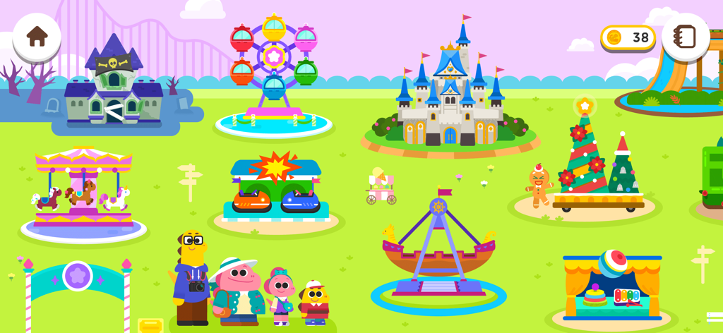 Cocobi Theme Park - Fun game - Une carte colorée de parc à thème de dessin animé avec divers manèges et personnages de dinosaures