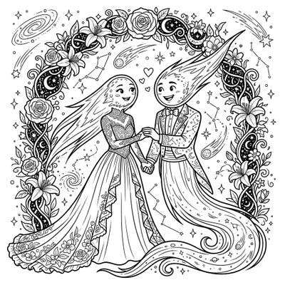 Celebrate an extraordinary cosmic union with our Long-Period Comets Wedding coloring page. This enchanting design showcases two comet characters in elegant wedding attire, uniting under a celestial floral arch.