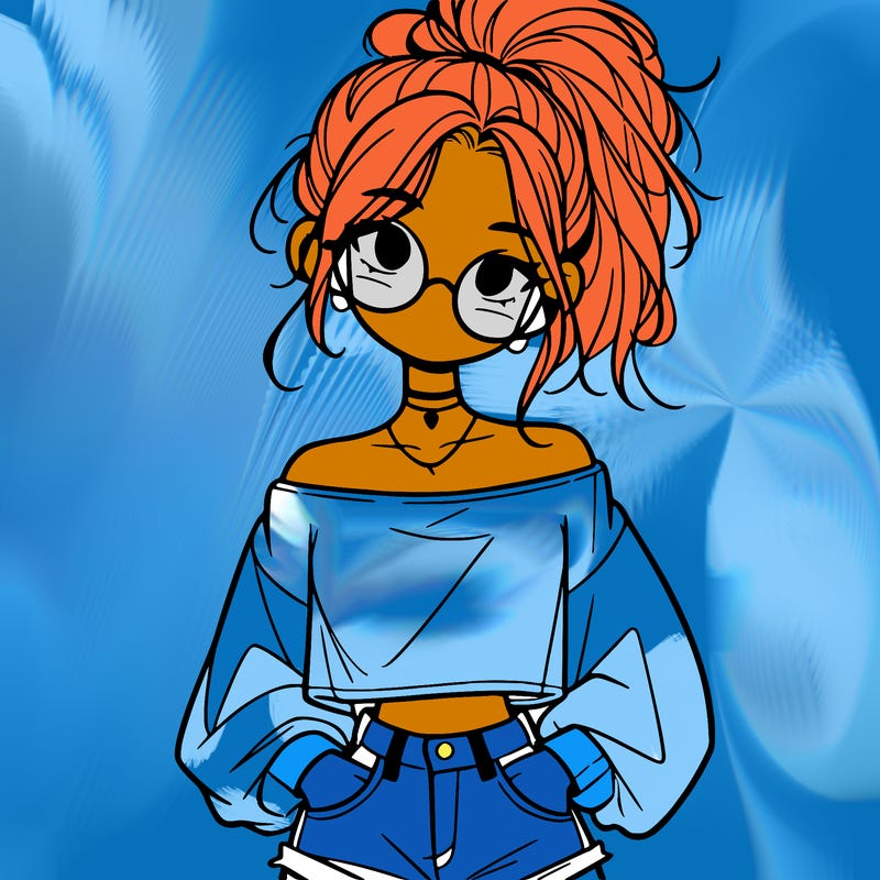 girl with a messy ponytail glasses a baggy crop top and jean shorts